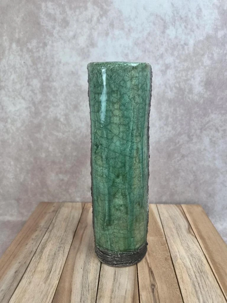 Grande vaso de estúdio estilo raku azul e verde assinado – 30 cm – photo 5